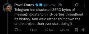 Павел Дуров заявил, что скорее полностью отключит Telegram, чем начнёт передавать переписки властям.